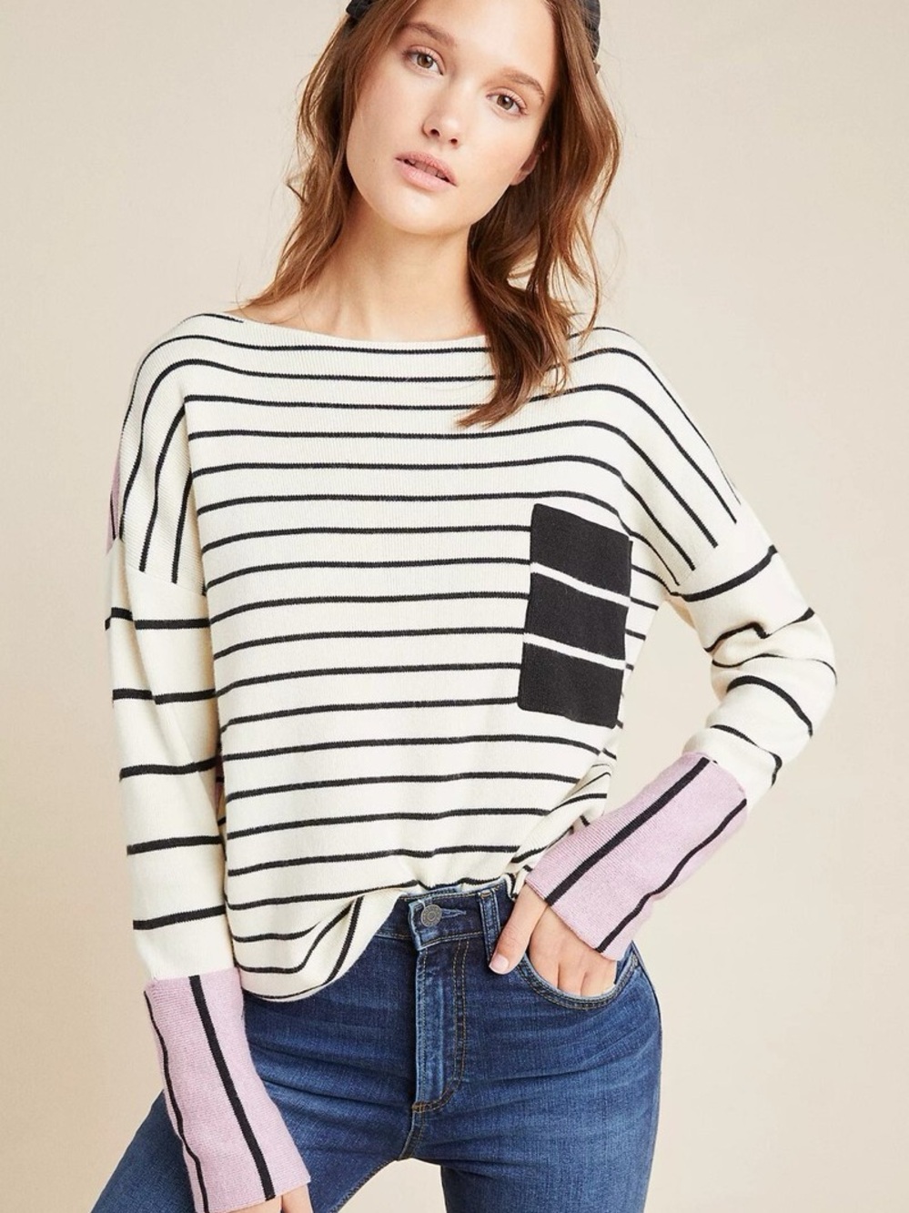 Anthropologie Cream Black Striped Crewneck Sweater with Pink Cuff Accents